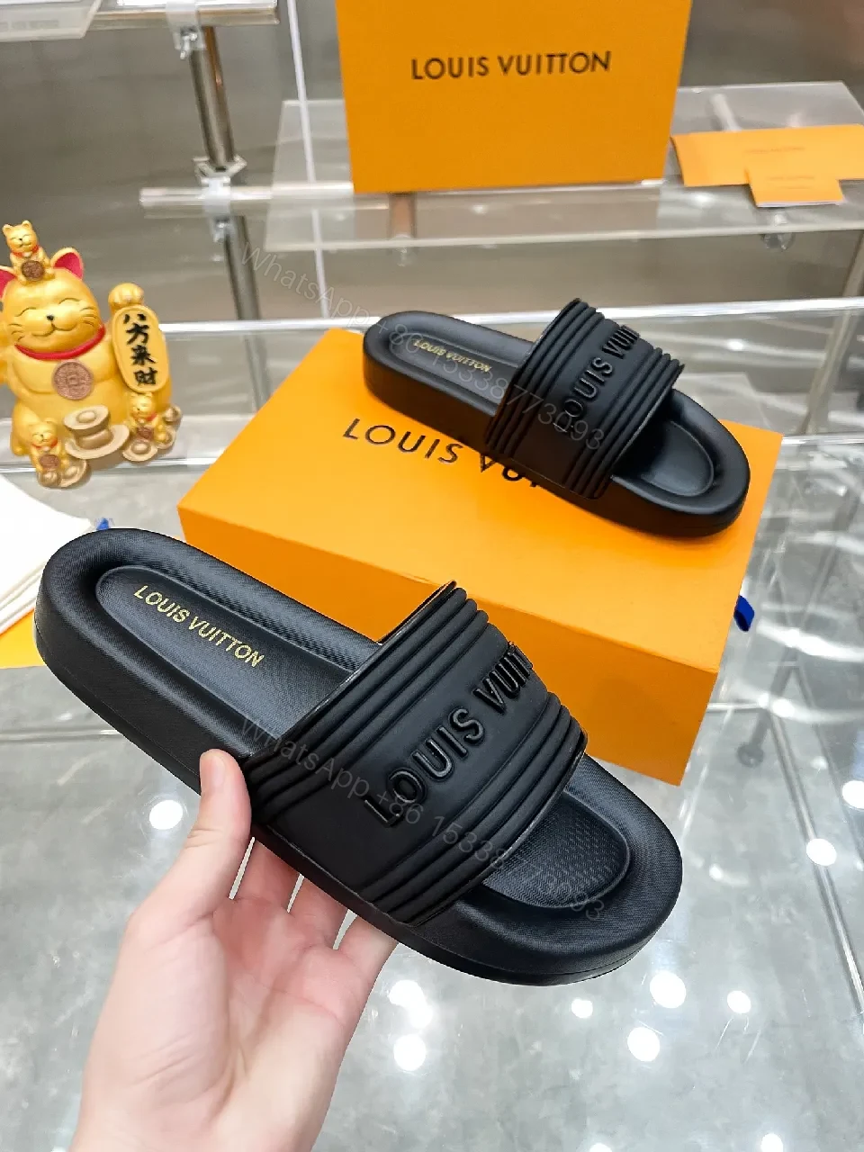 View 4 of Premium Black Slides with Striped Strap — Effortless Comfort