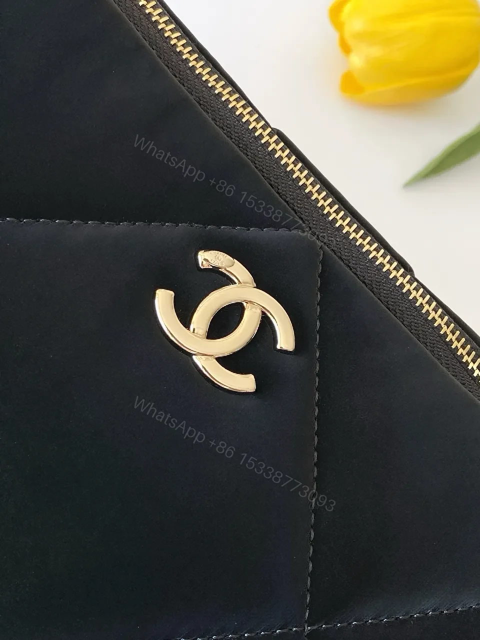 View 6 of Quilted Velvet Black Handbag with Gold Accent
