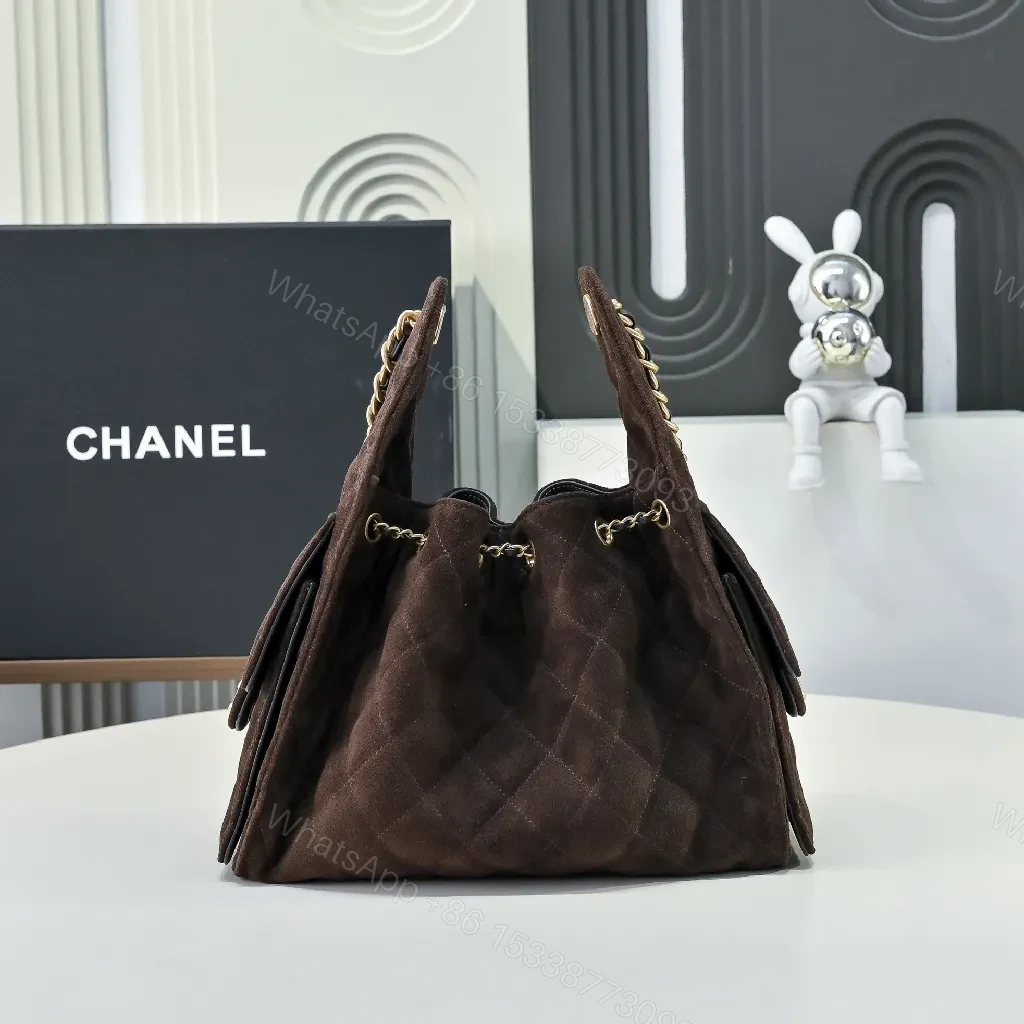 View 9 of Dark Chocolate Suede Bag with Gold Chain Detail, Flap Style Bag