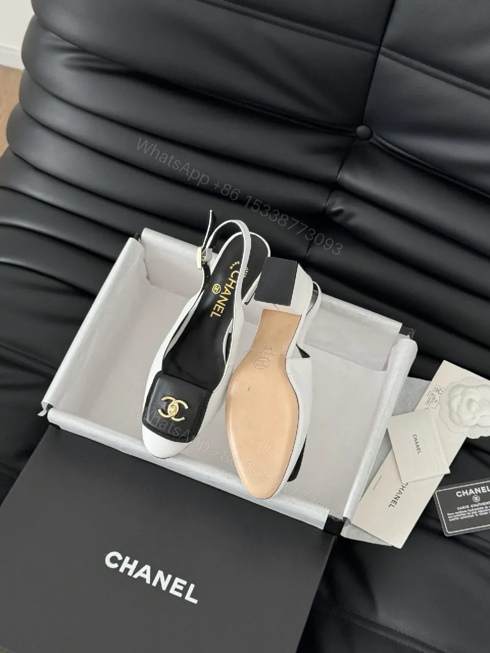 View 3 of Black & White Leather Slingback Pumps, Gold Accent, Square-Toe, Comfort Mid-Heel
