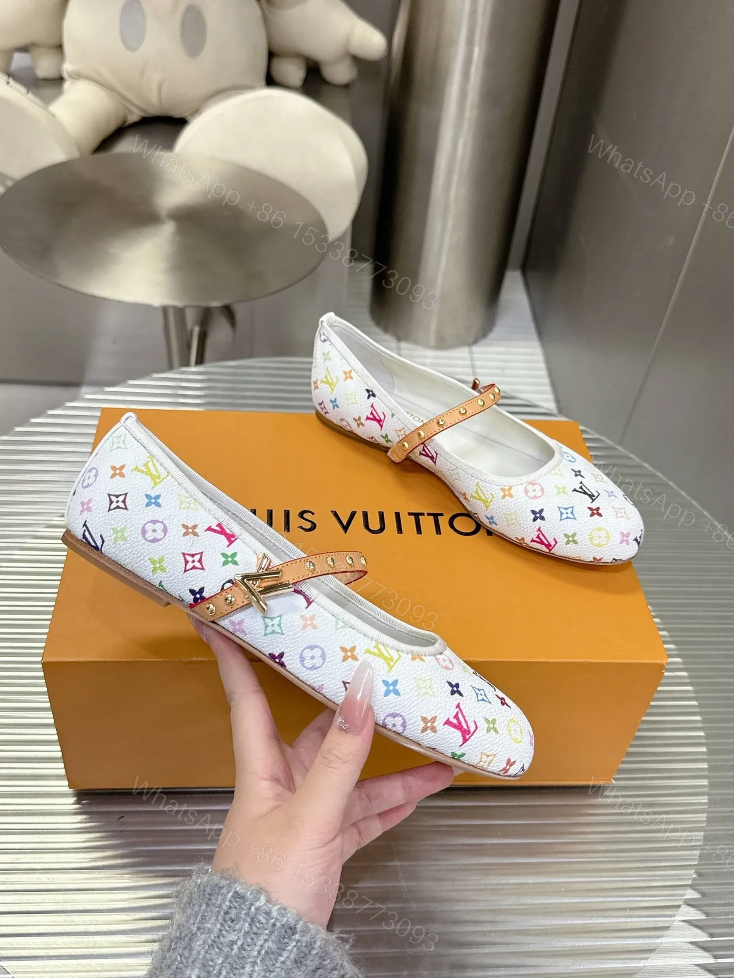 View 5 of LV Women White Canvas Multicolor Print Leather Strap Flats