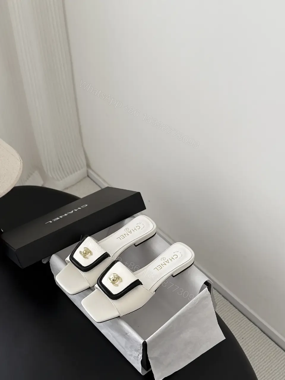 View 7 of White Leather Mules - Gold Logo Hardware, Open-Back Square Toe