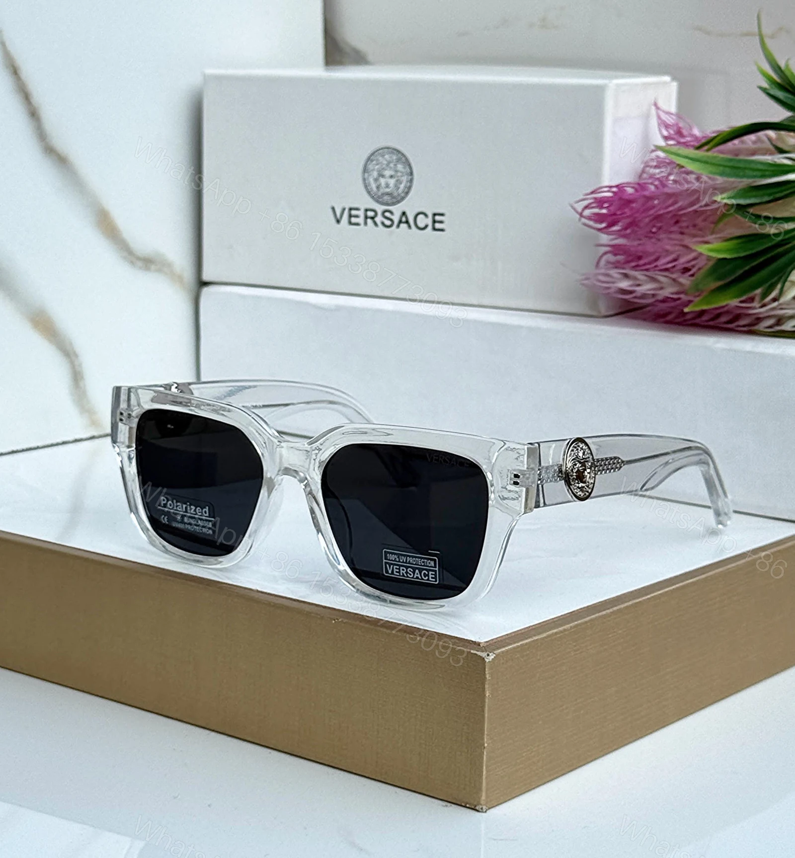 Versace Square Polarized Black Transparent Sunglasses — view 1