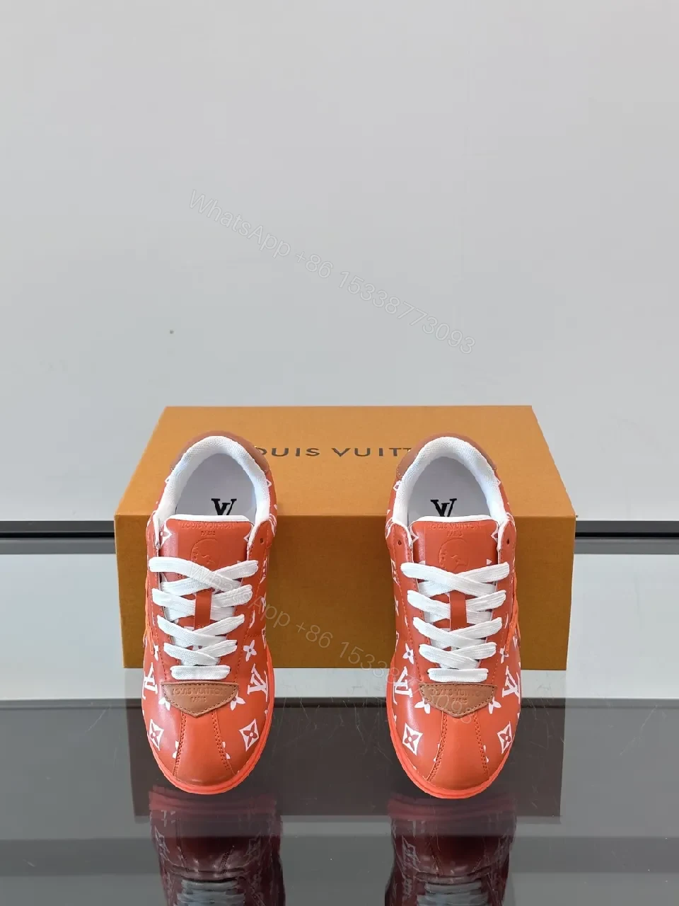 View 7 of Bold Orange-Red Monogram Sneaker: Luxe Designer-Inspired High-Tops