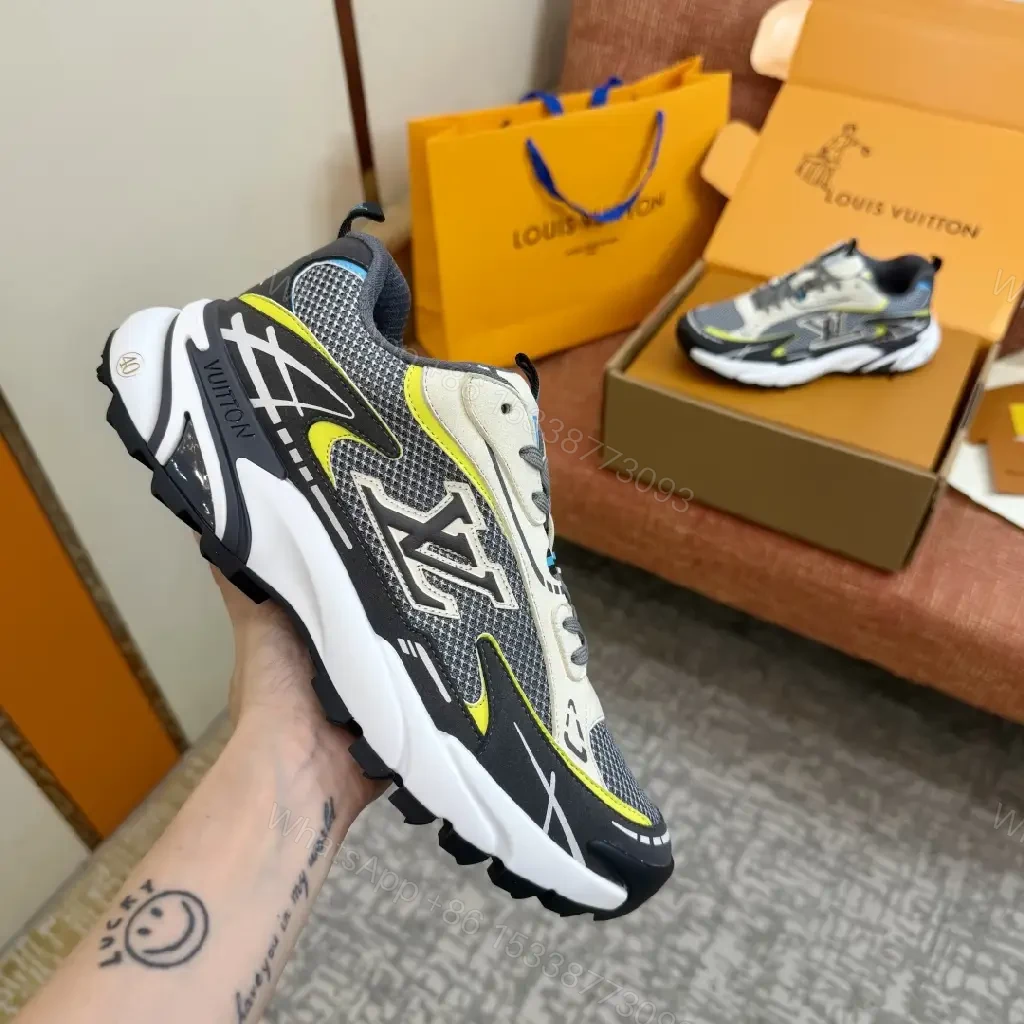 View 6 of Black Grey Mesh Runner Sneakers with Neon Accents, Louis Vuitton Style, Men's/Unisex