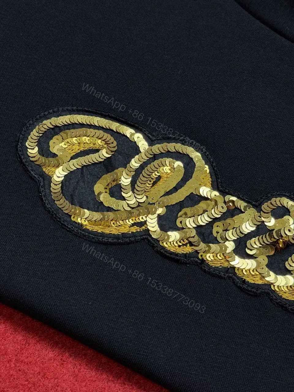 View 4 of Black Cotton Tee with Gold Sequin Logo, Luxe Everyday Streetwear