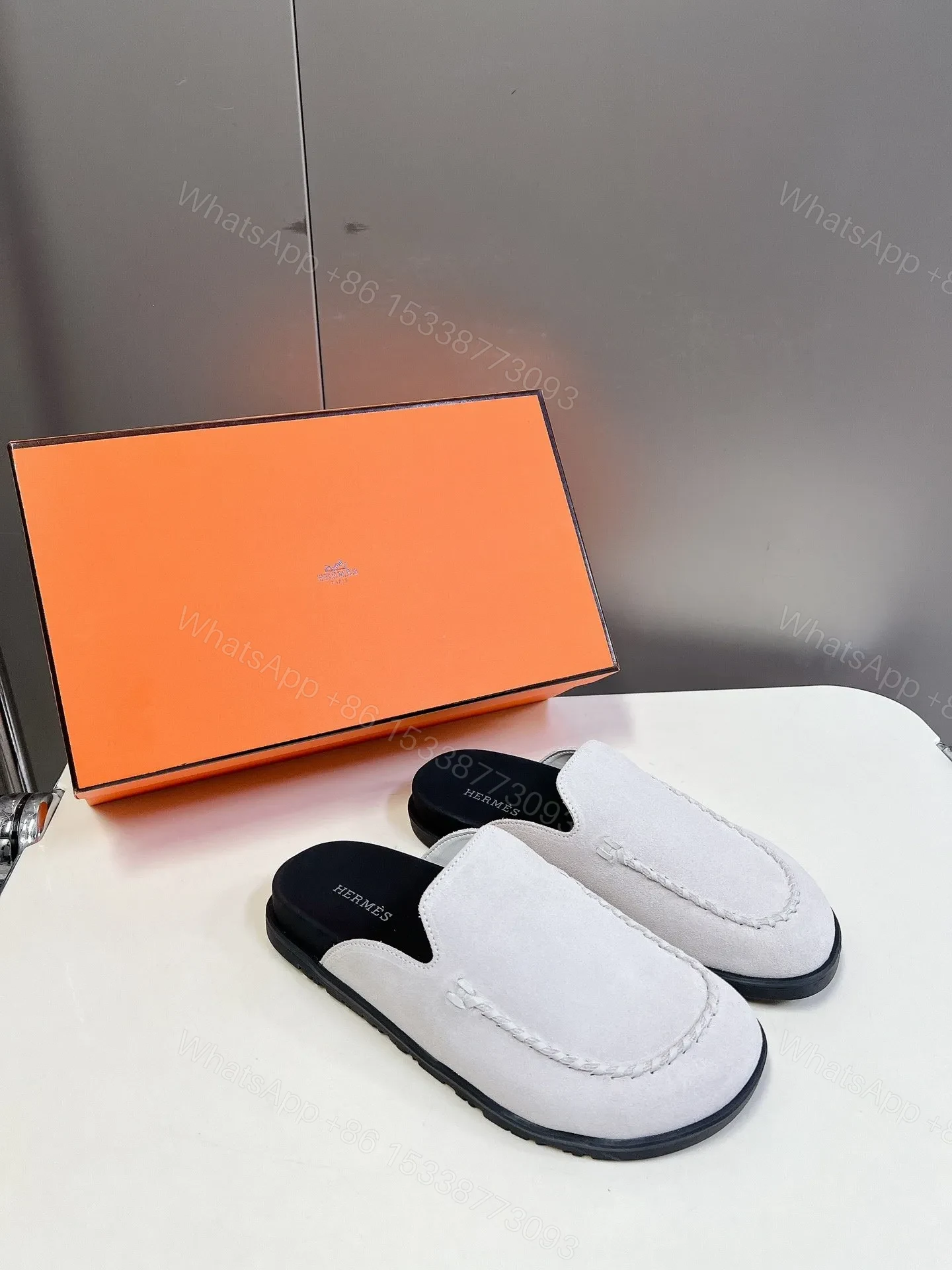 View 5 of Hermes Women White Suede Leather Slippers