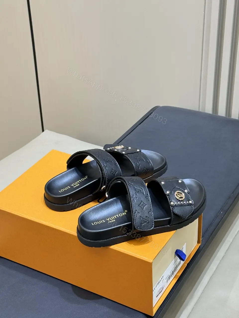 View 5 of Black Leather Slides Louis Vuitton Style Slide Sandals