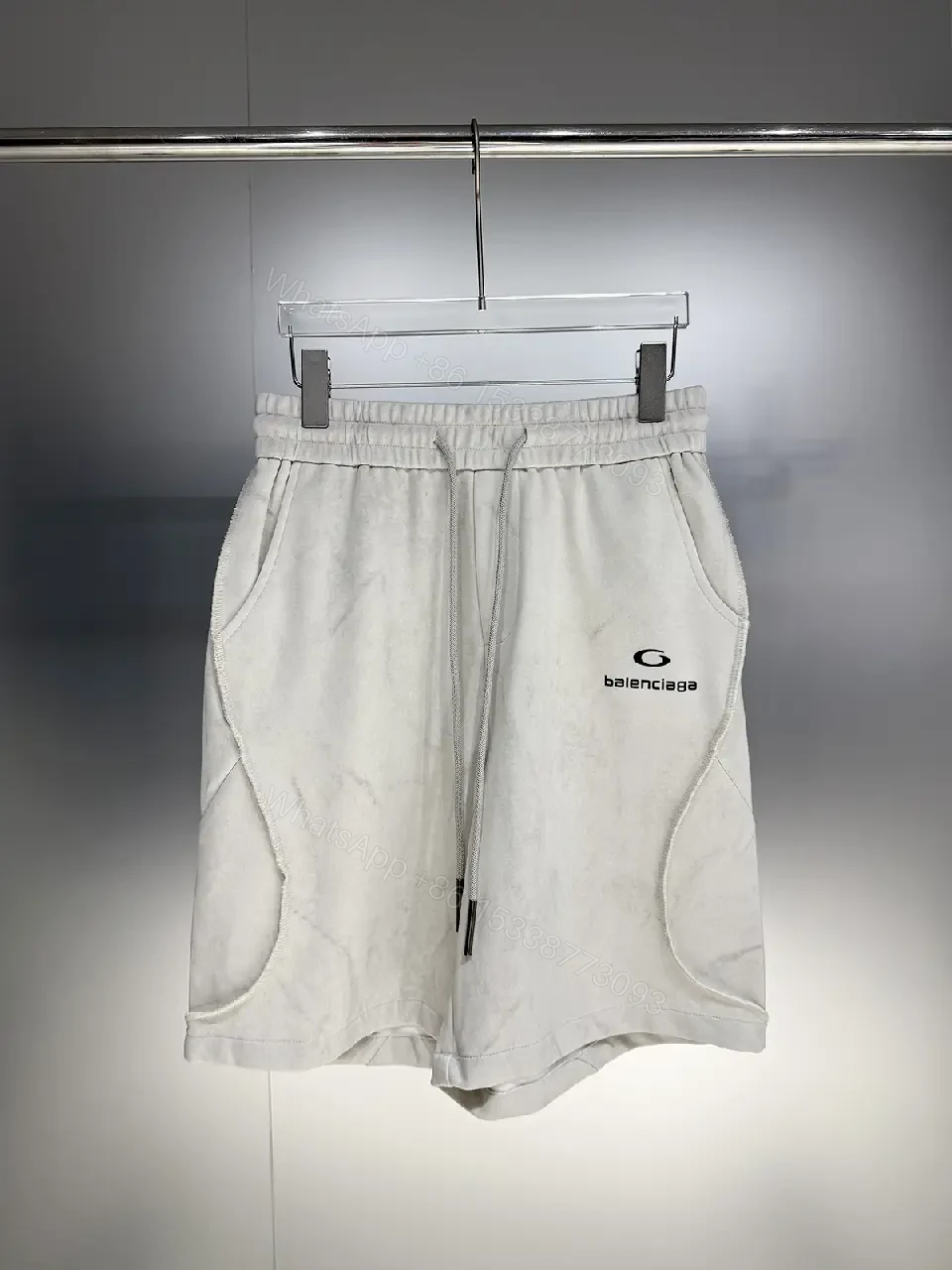 View 2 of Gray Cotton Shorts Modern Drawstring Balenciaga Logo Shorts