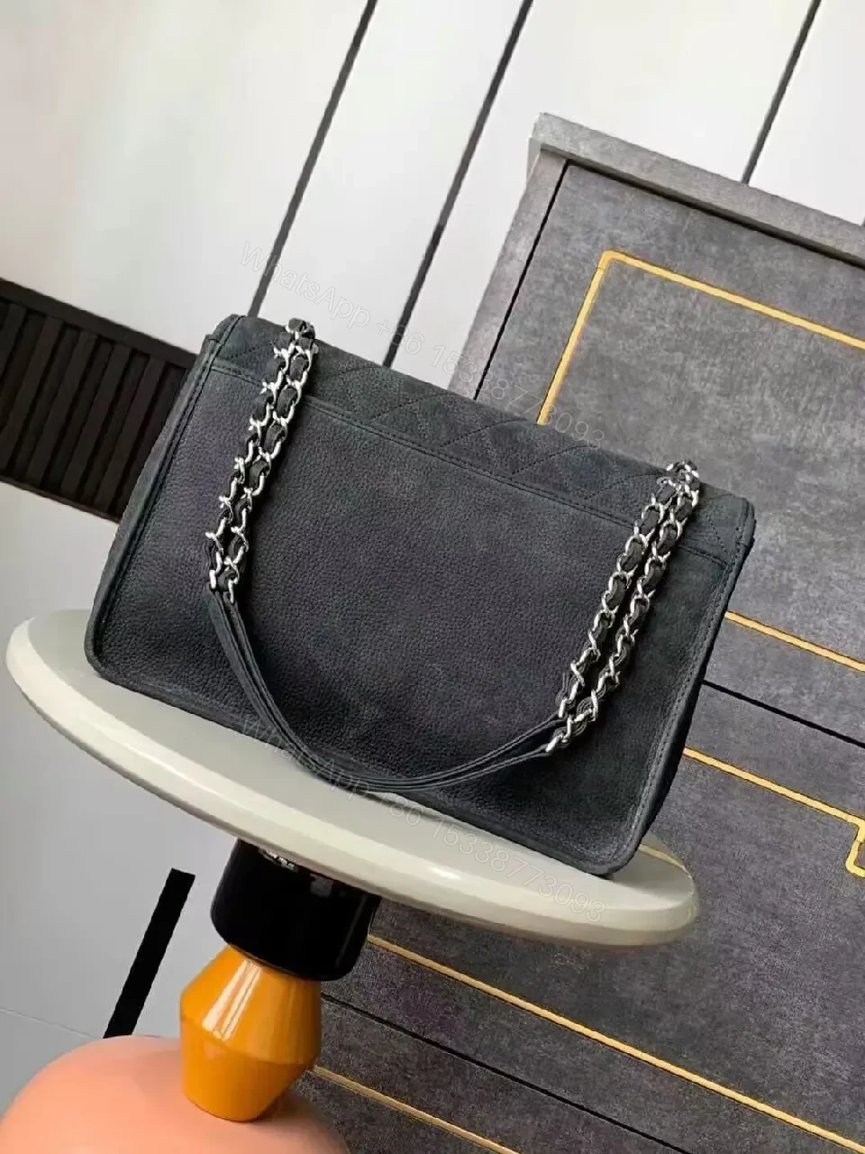 View 2 of Quilted Black Leather Flap Bag with Silver Chain