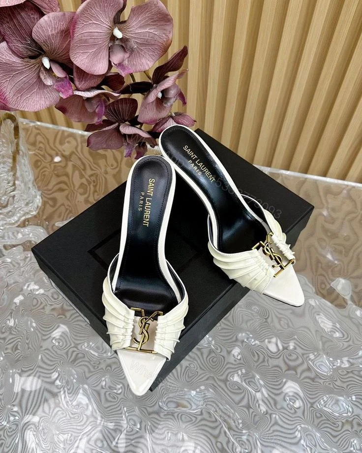 View 2 of Saint Laurent Opyum Style Pleated Mule Heels – Burgundy & Black Patent Finish