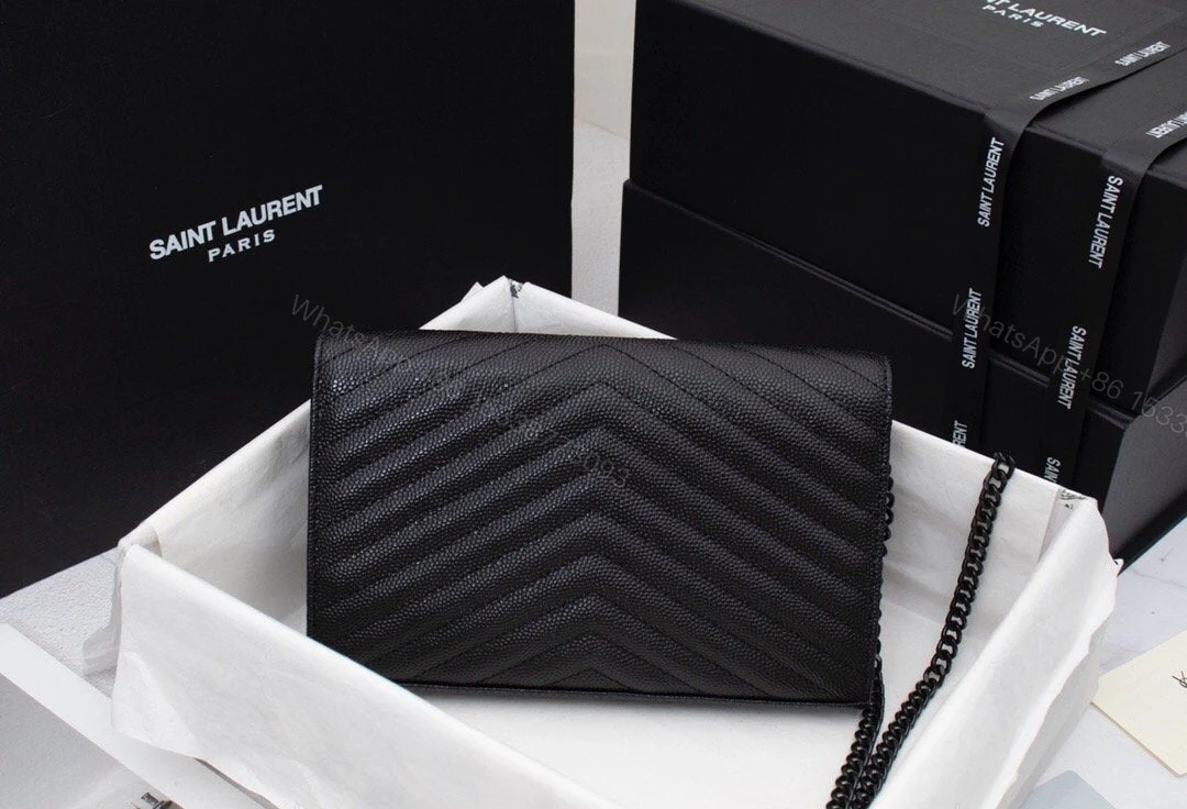 View 9 of Saint Laurent Matelasse Grain de Poudre Matte Black Monogram Chain Wallet