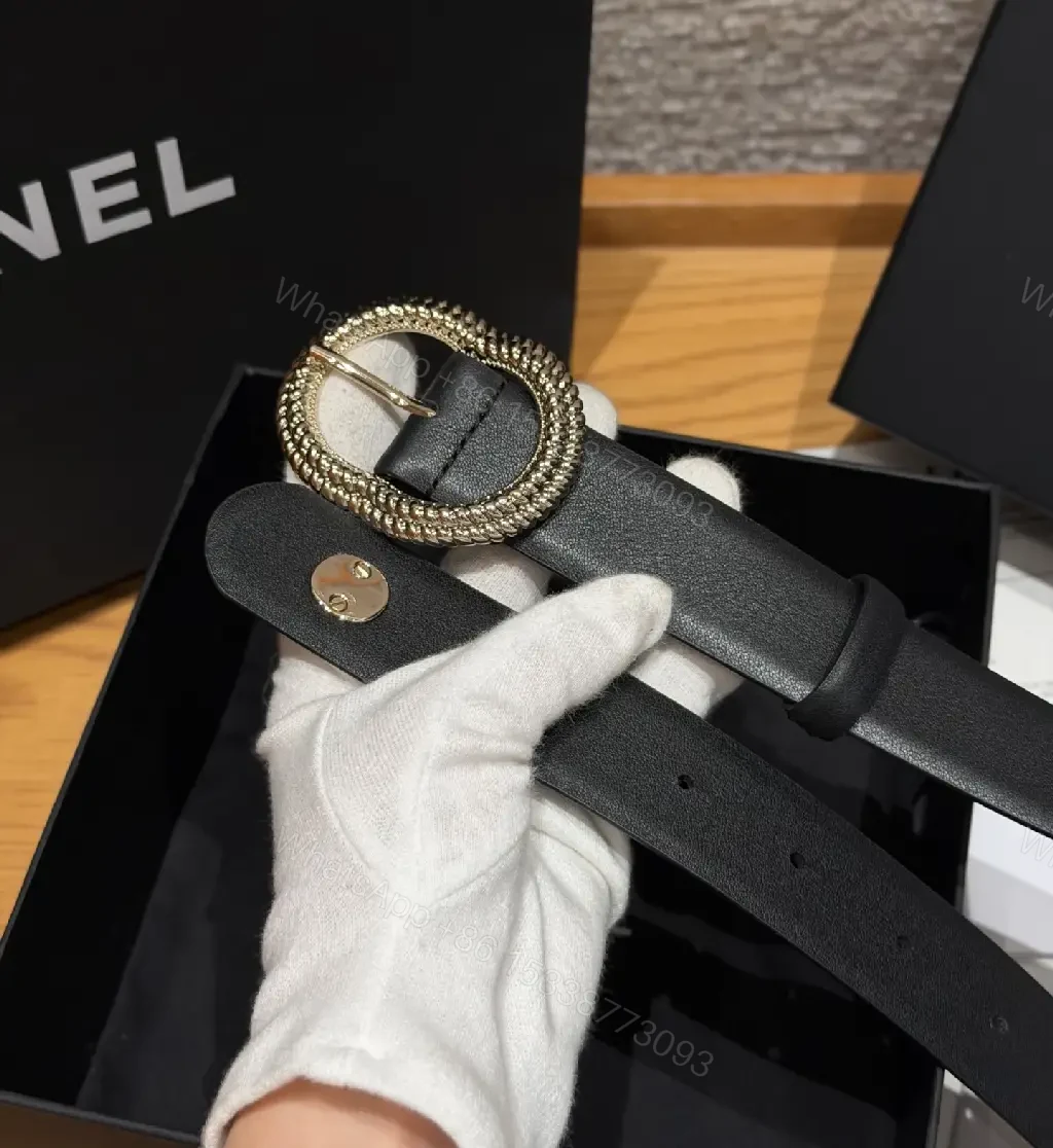 View 5 of Black Leather Belt Luxury Crystals Oval Buckle with Chanel Logo