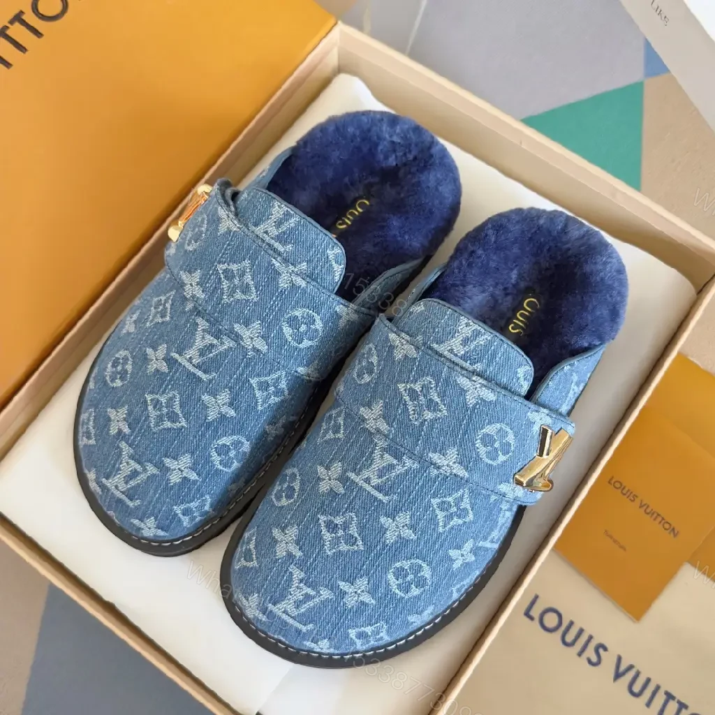 View 7 of Denim-Textured Monogram Mule: Cozy Luxe Slip-On Comfort