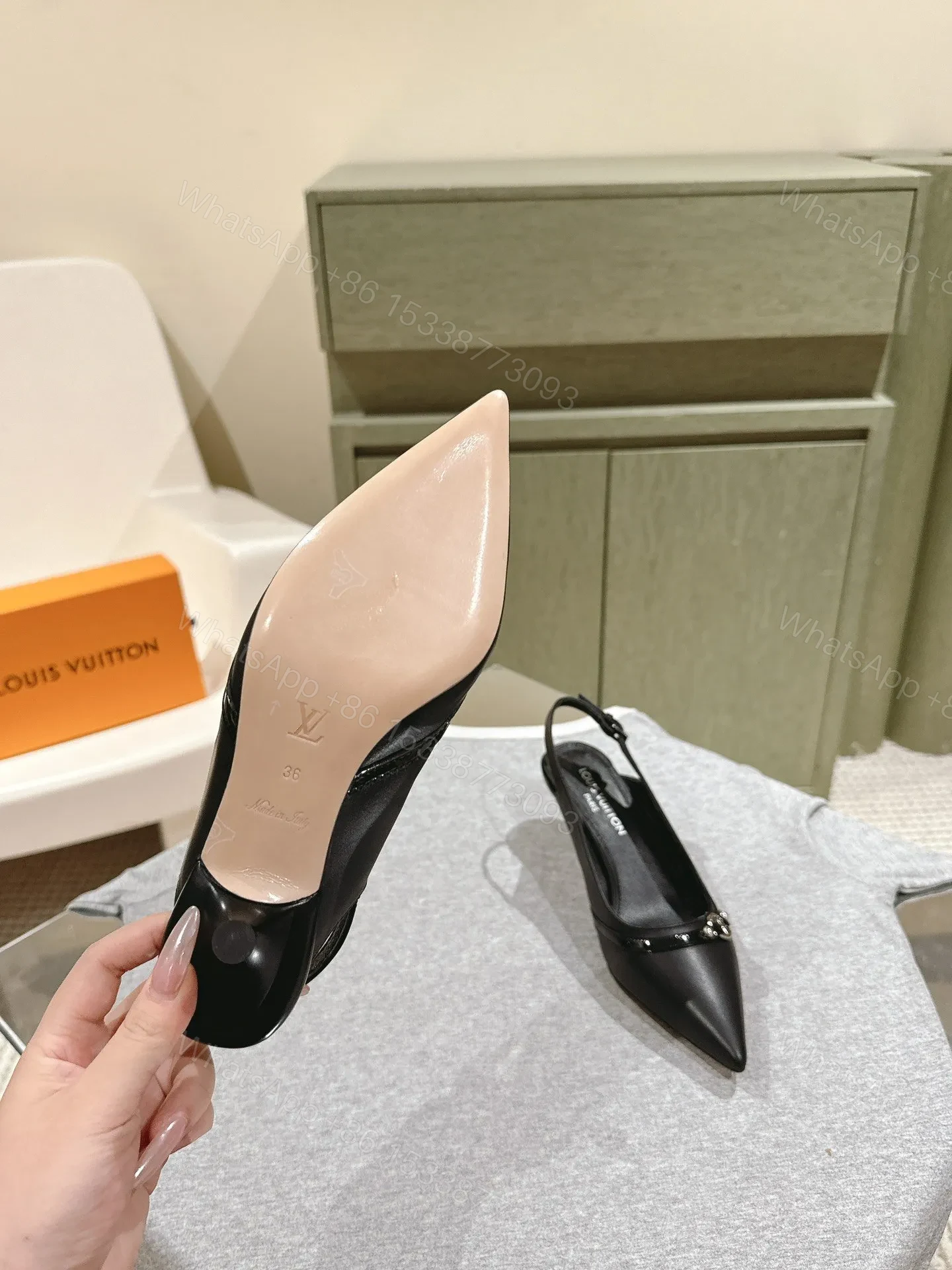 View 2 of LV Women Black Leather Slingback Heels