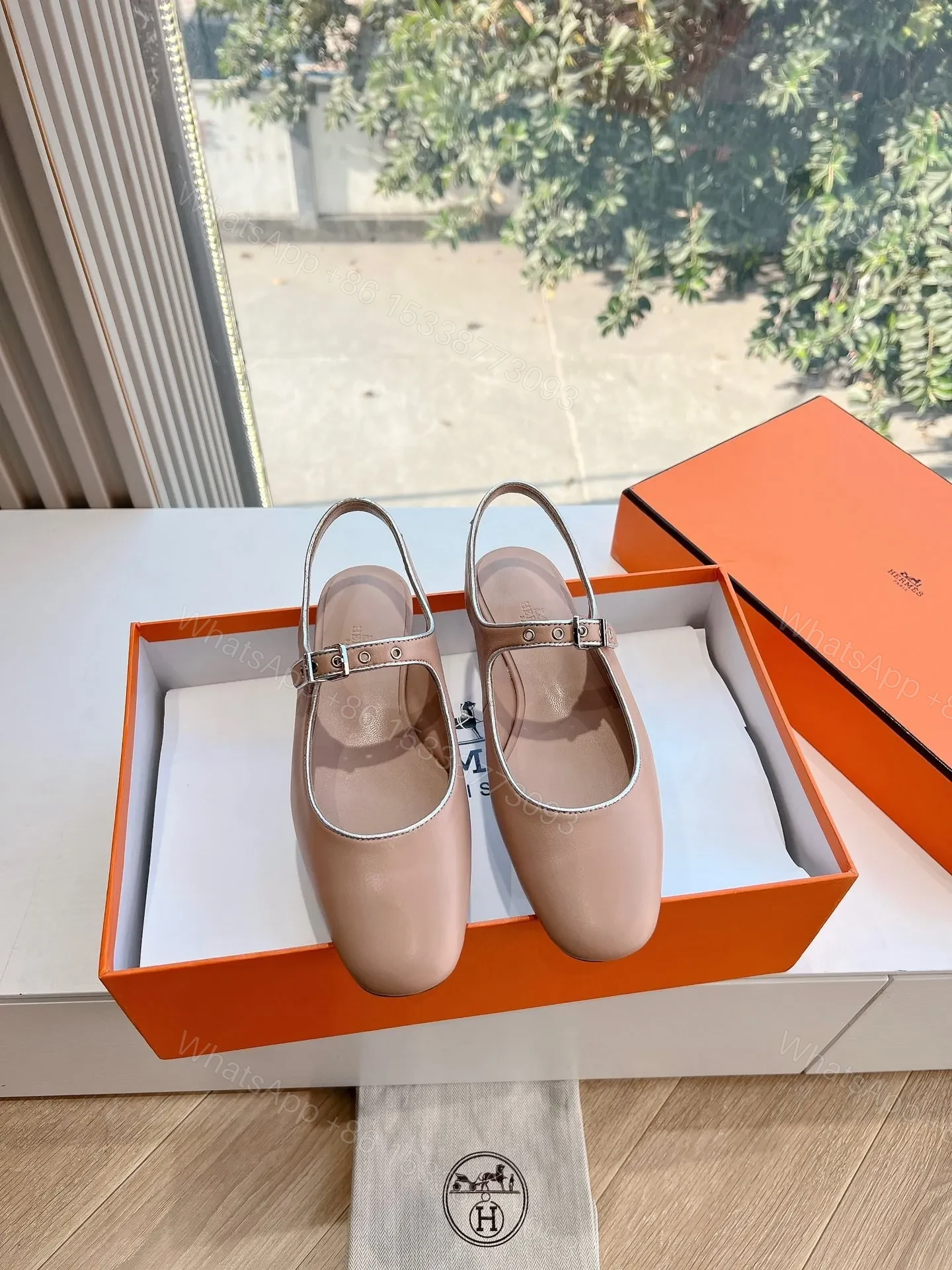 View 2 of Hermes Women Beige Leather Mary Jane Flats
