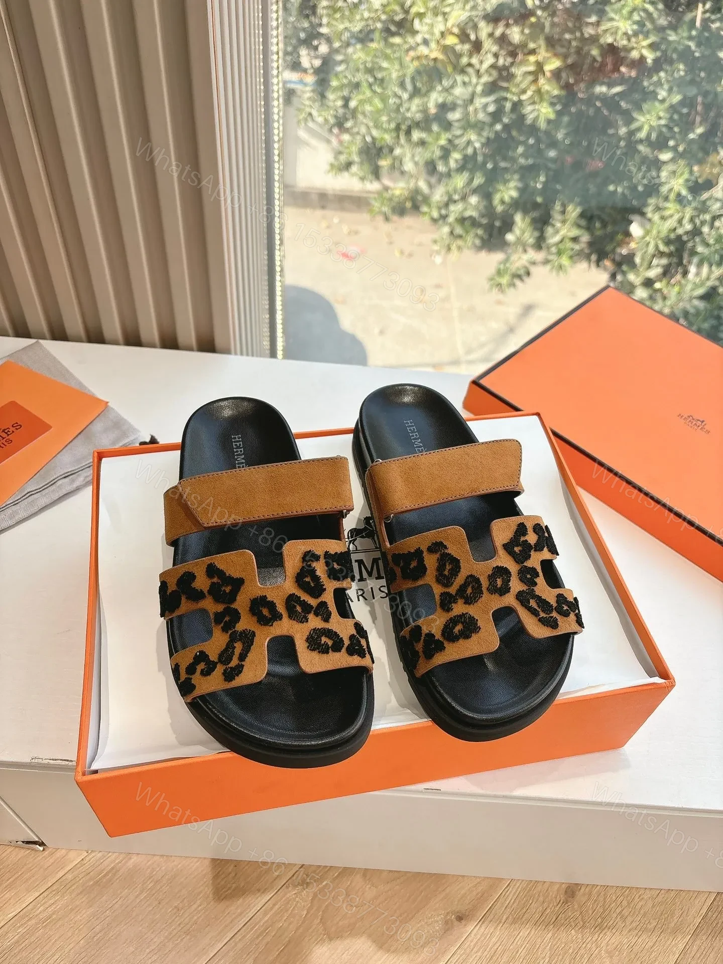 View 3 of Hermes Women Tan Suede Leopard Print Slippers