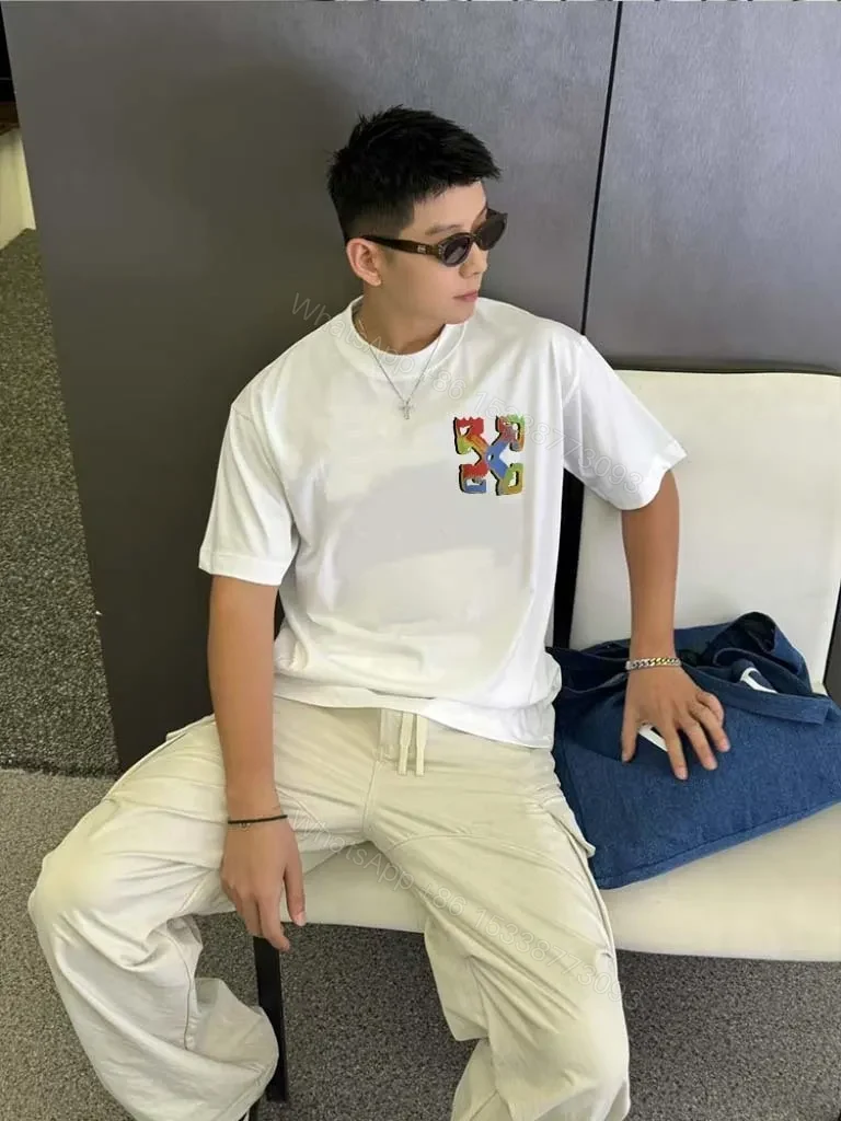 View 8 of Multicolor Off-White Logo Graphic Oversized Tee, Premium Cotton