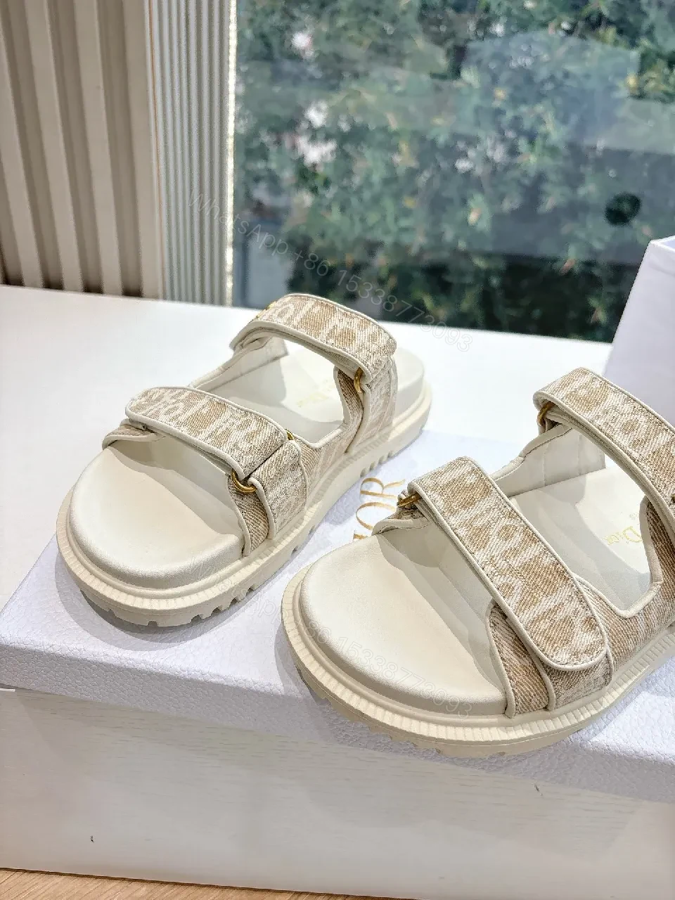 View 4 of Beige Monogram Strapped Slides: Elevated Comfort