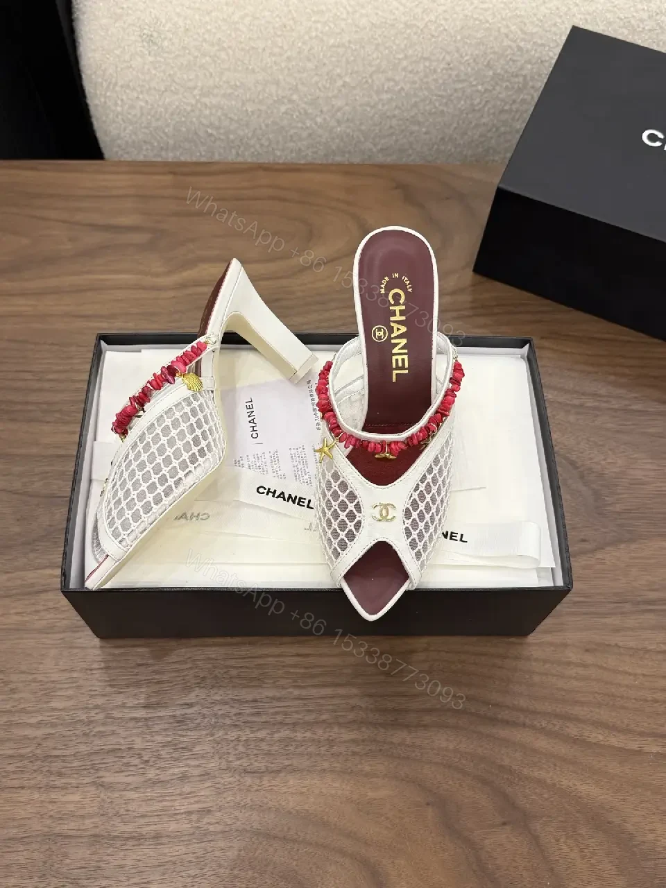View 9 of White Mesh Slingback Heels with Red Bead Trim, Chanel Style