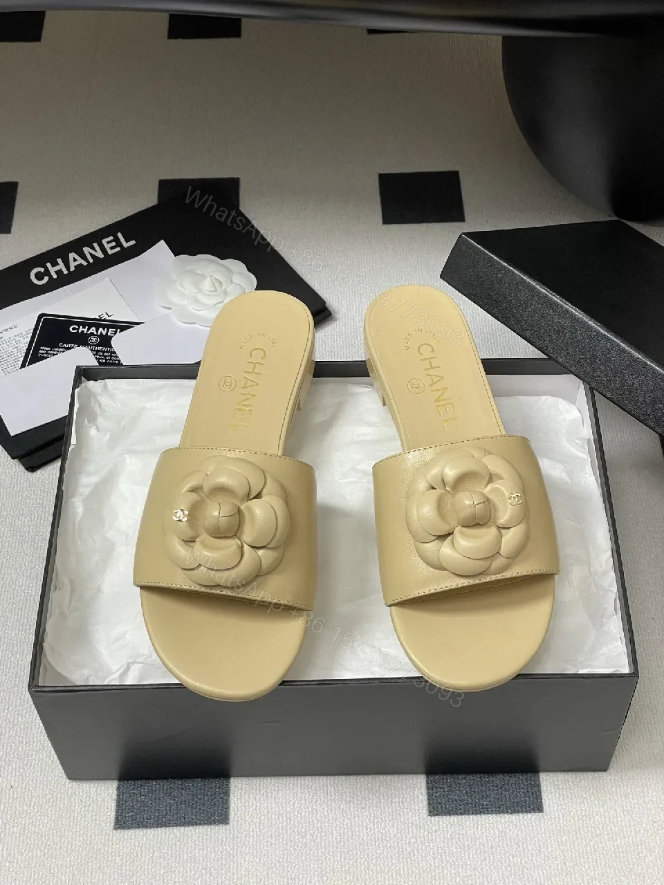 View 3 of Camellia Leather Slides — Soft Nude Comfort, Couture Detail, Everyday Luxury
