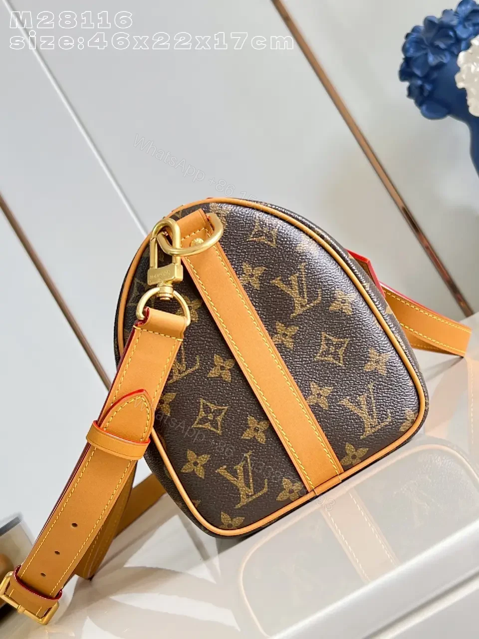View 5 of Monogram Barrel Bag: Tan Leather Trim, Structured Travel Essential