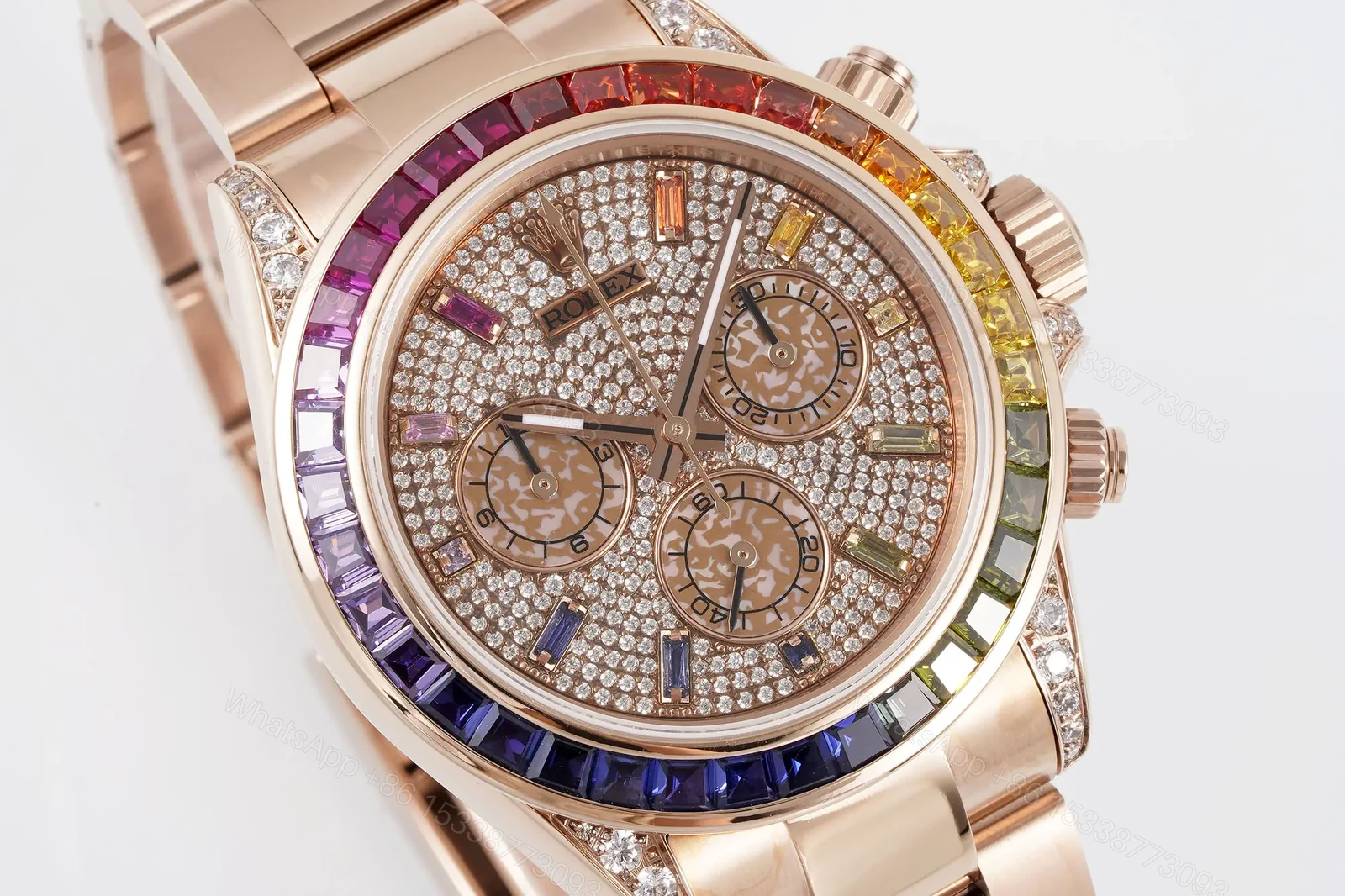 View 3 of Majestic rose gold pavé daytona replica 40MM Rainbow Bezel Edition ROLEX-DAYTONA-PINK-RB-40