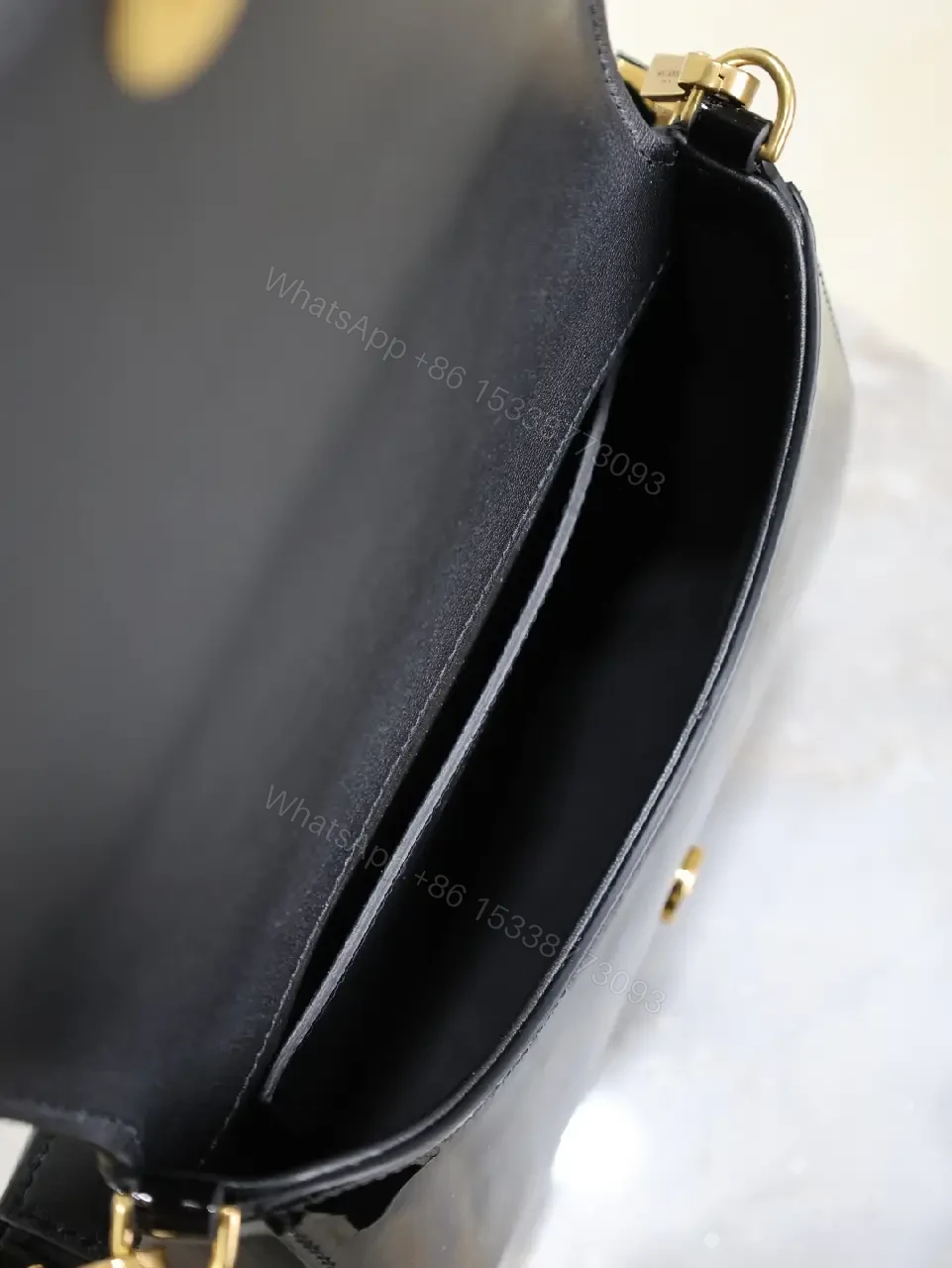 View 3 of Glossy Black Patent Leather Shoulder Bag with Gold Accent