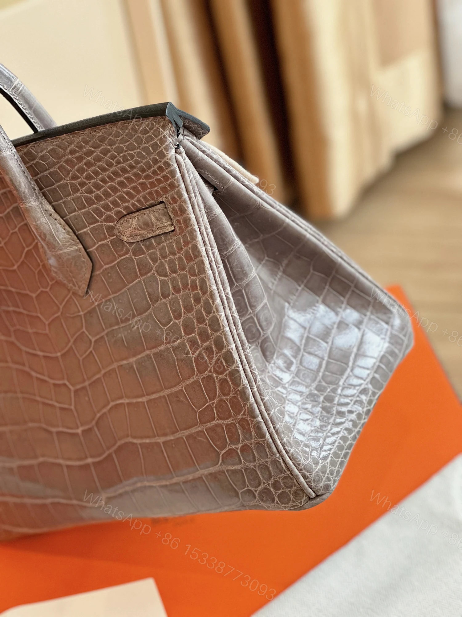 View 4 of Hermes Etoupe Birkin 25 Porosus Genuine Crocodile Leather Palladium Hardware
