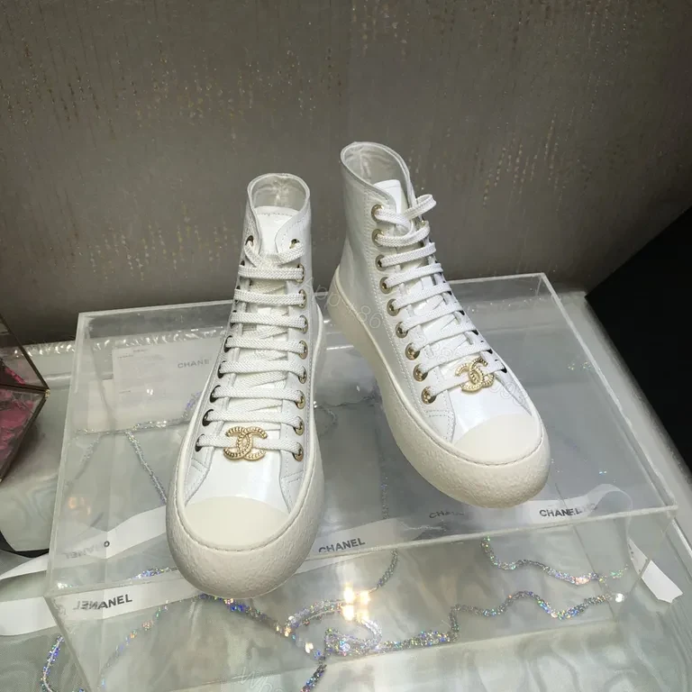 View 8 of Premium White High-Top Sneakers with Gold Emblem