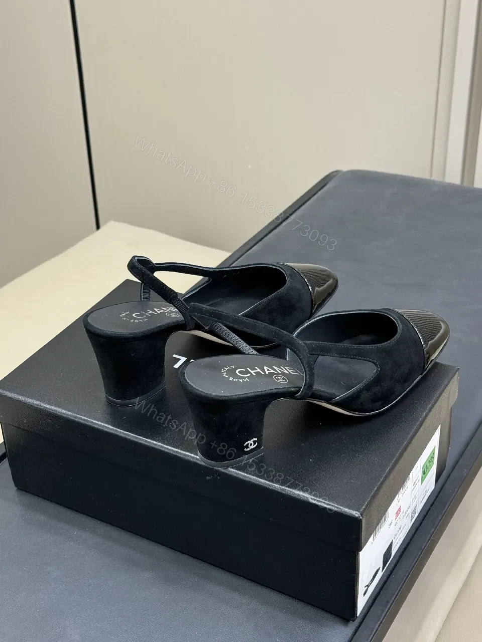 View 8 of Black Satin Slingback Heels with Patent Toe – Modern Luxe Comfort