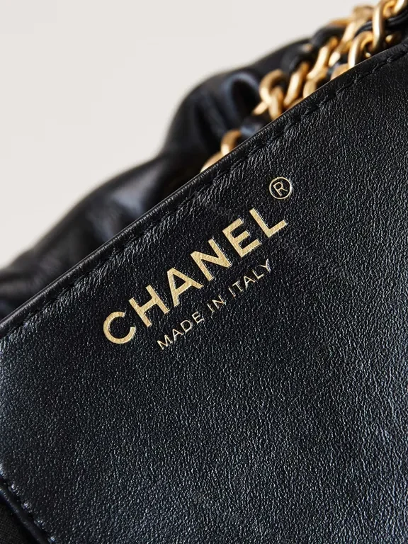 View 9 of Chanel-Inspired Mini Leather Drawstring Bag with Chain Detail