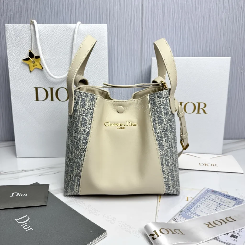 Cream Leather & Denim-Inspired Bucket Bag, Structured Luxury — view 1