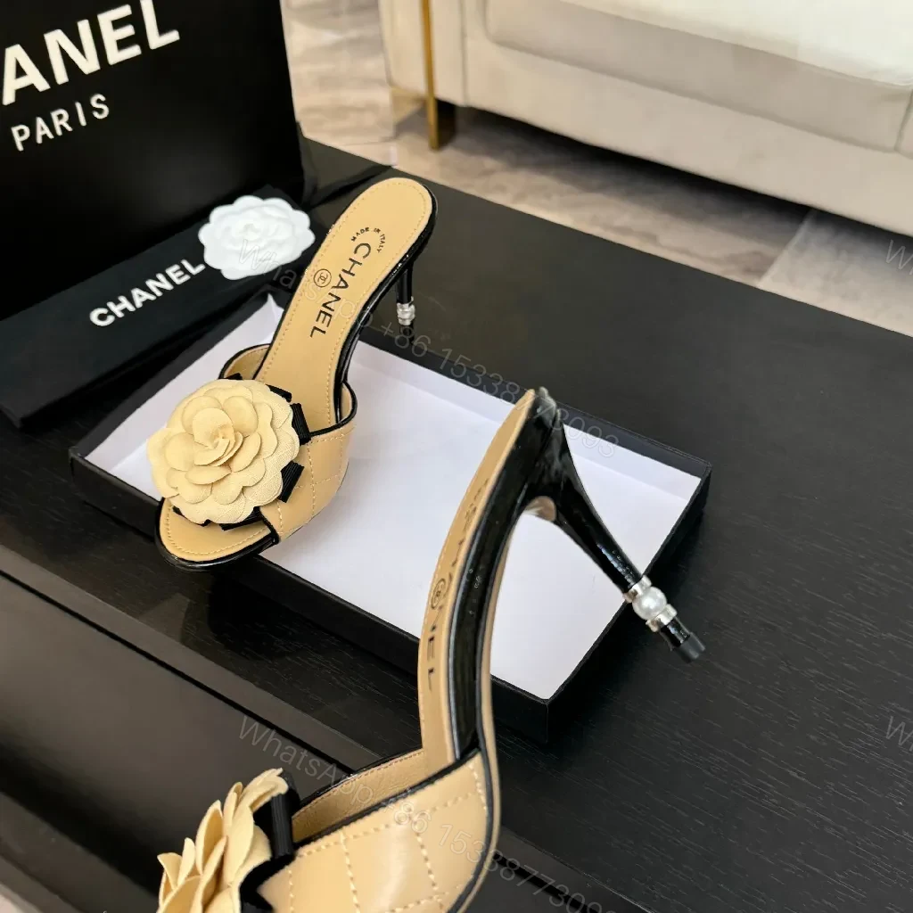 View 7 of Beige Quilted Leather Mules: Camellia, Sculpted Heel, Open-Toe
