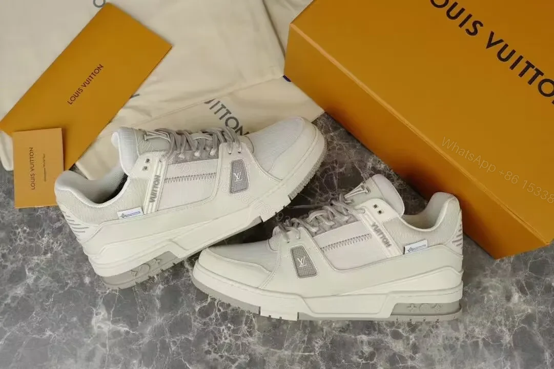 View 2 of White Leather-Trim Hiker Sneakers with Subtle Monogram Accents