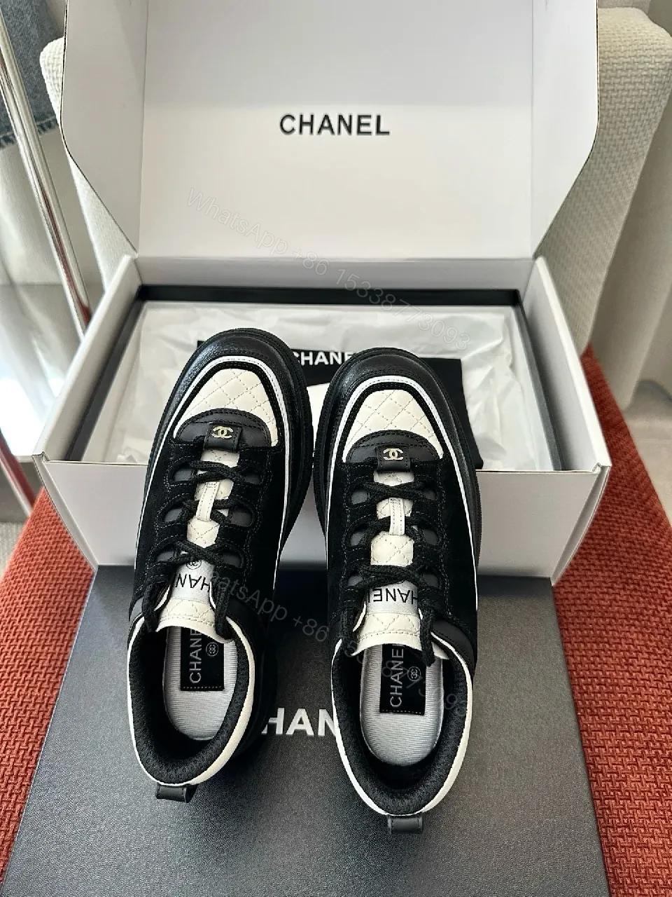 View 4 of Chic Black-White Leather High-Top Sneakers with Couture Detailing