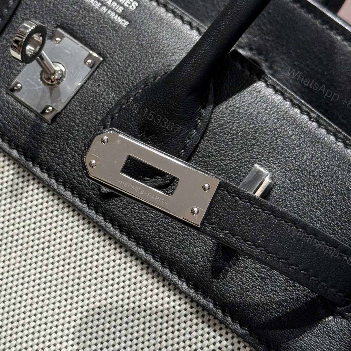 View 9 of HERMES BIRKIN 25CM IN BLACK SWIFT WHITE TOILE CANVAS (CUSTOM-MADE)