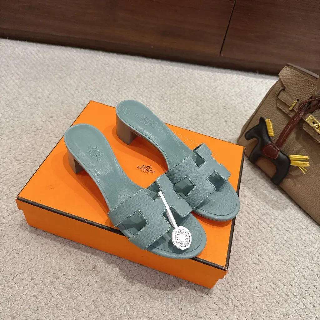 View 10 of Blue Leather Hermes-Style Sandals with Iconic H Strap
