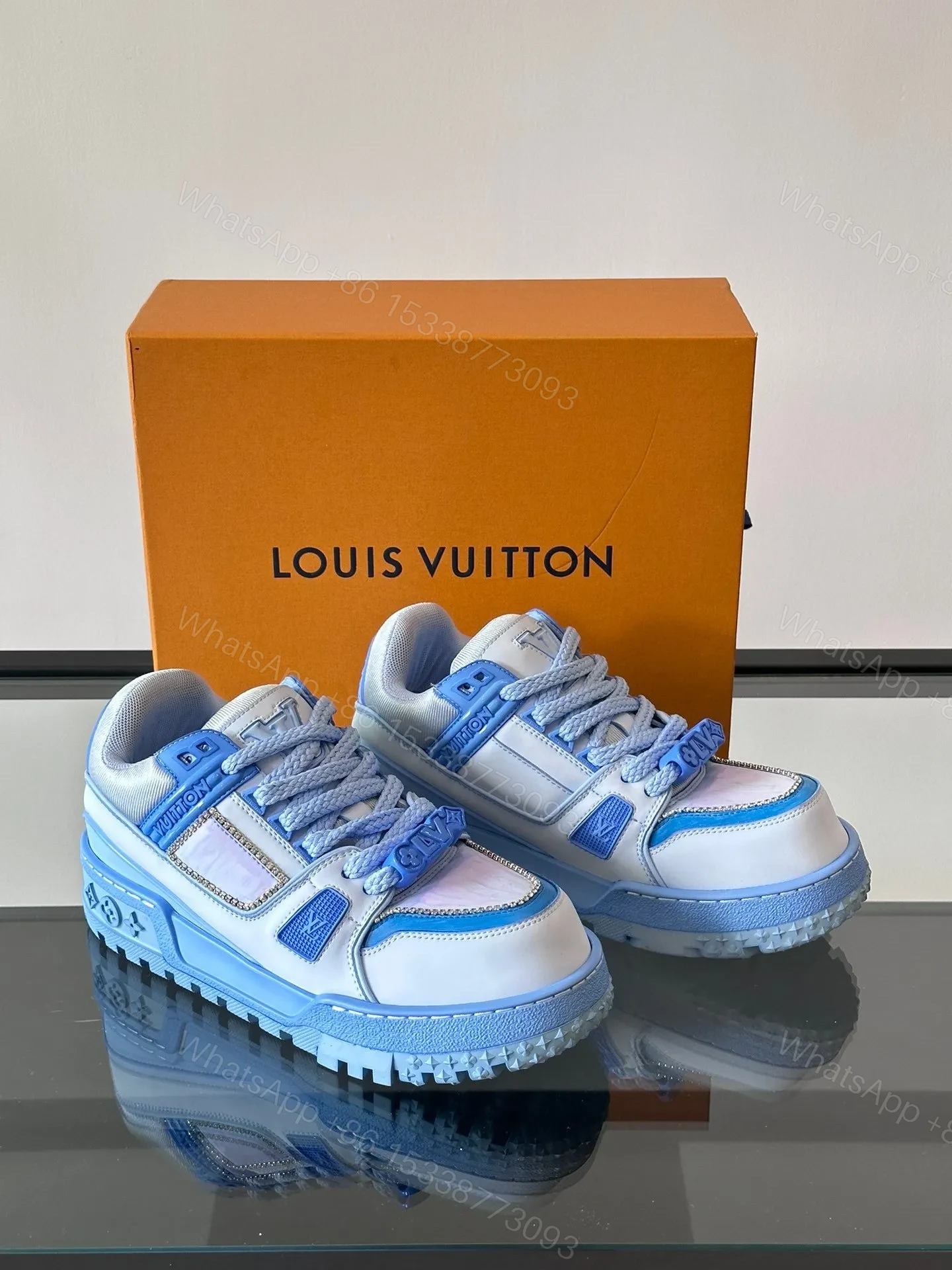 View 5 of LV Men Light Blue Leather And Fabric Sneakers