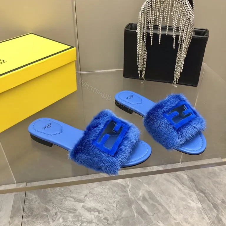 View 2 of Blue Fur-Trim Slip-On Sandals with Fendi-Inspired Hardware