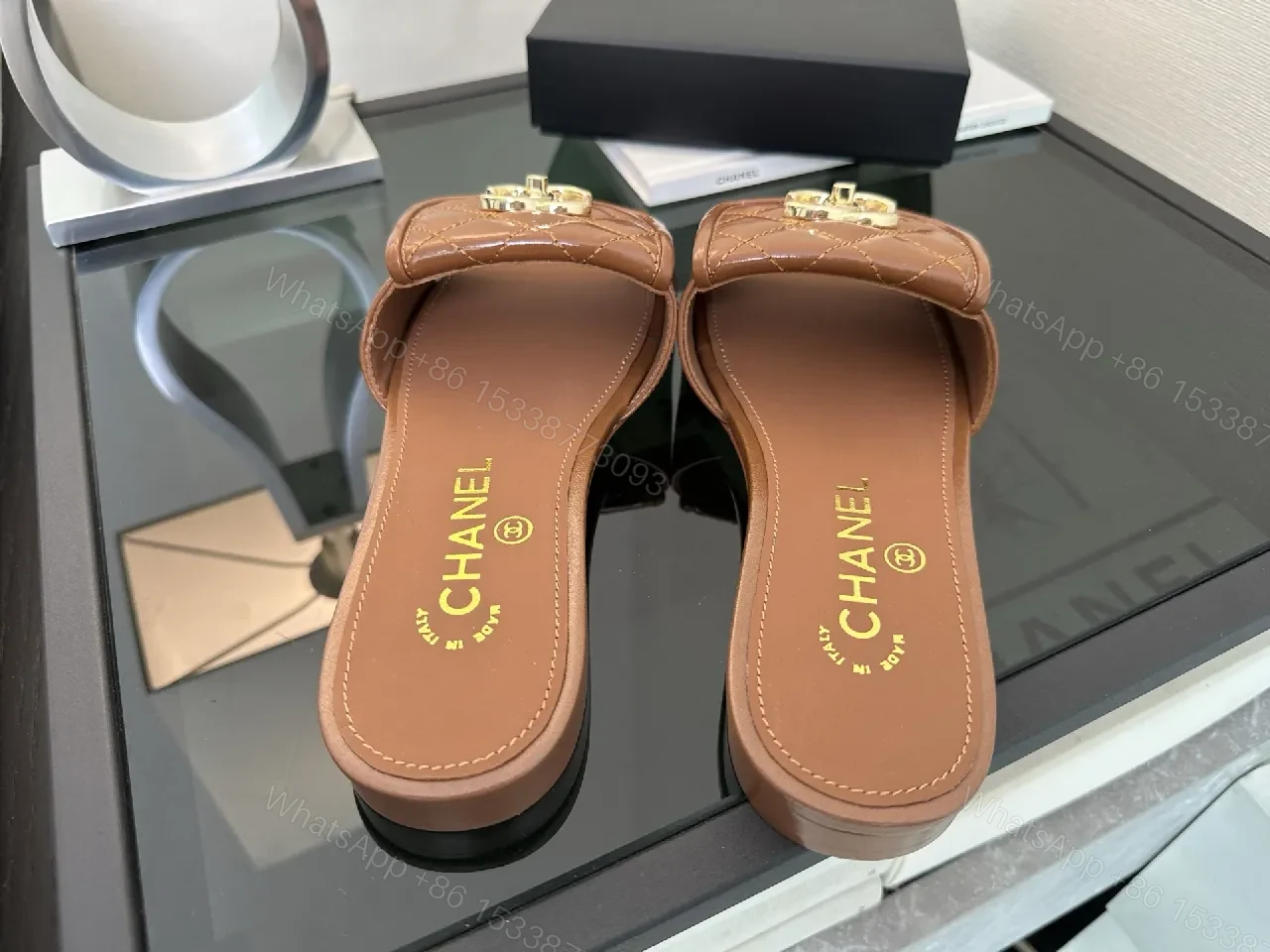 View 8 of Brown Quilted Sandals with Gold Logo, Open-Toe Slip-On, Luxury Style