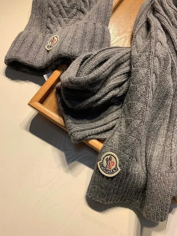 View 4 of Grey Wool-Blend Moncler Knit Beanie & Scarf Set