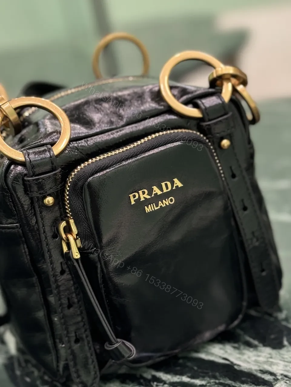 View 8 of Black Leather Compact Bag with Gold Hardware, Modern Luxe, Everyday Carry
