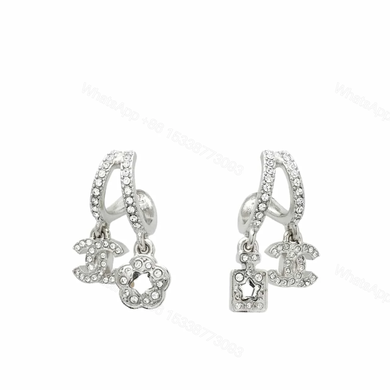 CHANEL PENDANT EARRINGS METAL AND DIAMANTÉS IN SILVER ABF199 B19948 NAFVP — view 1