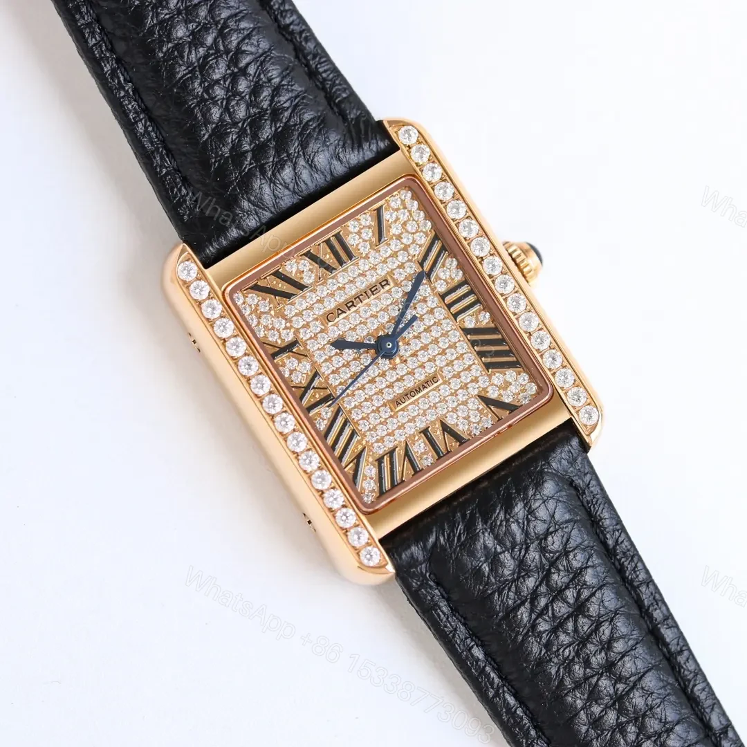 View 2 of KOR Factory Cartier Tank MK3 Women’s Automatic Mechanical Watch – Rose Gold with Diamond Bezel, Black Leather Strap