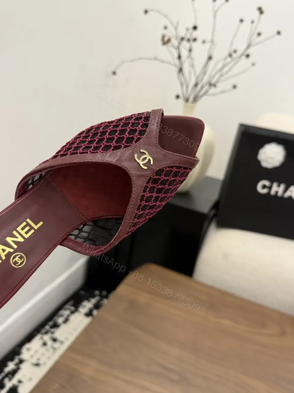 View 6 of Red Leather Mesh Heel Sandals Classic Chanel Style Mid Heel Sandal