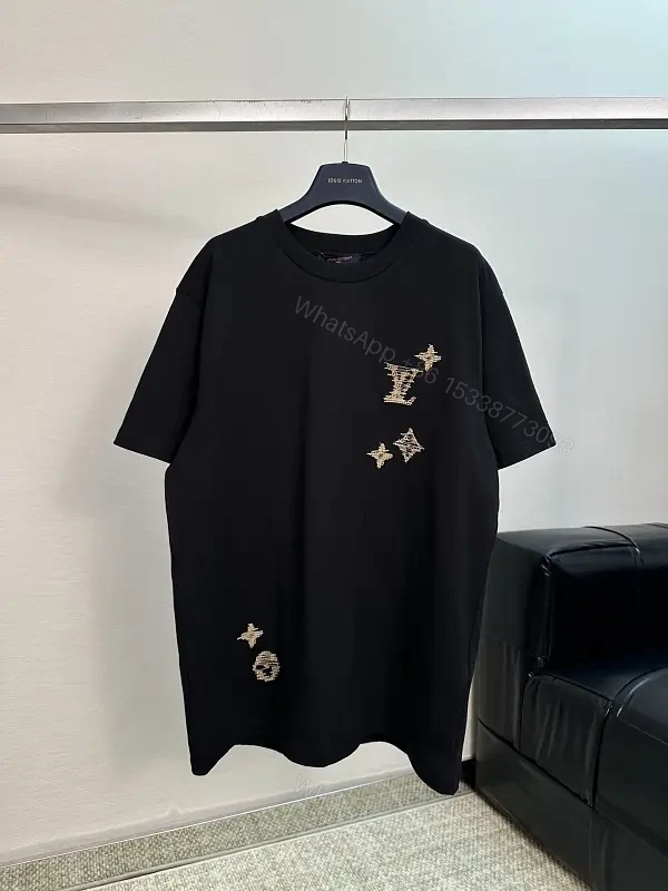 Black Cotton Tee with Gold Embroidered Louis Vuitton Motif Tee — view 1
