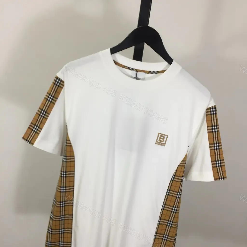 View 3 of White Cotton Tee with Plaid Paneling – Casual Luxe Comfort