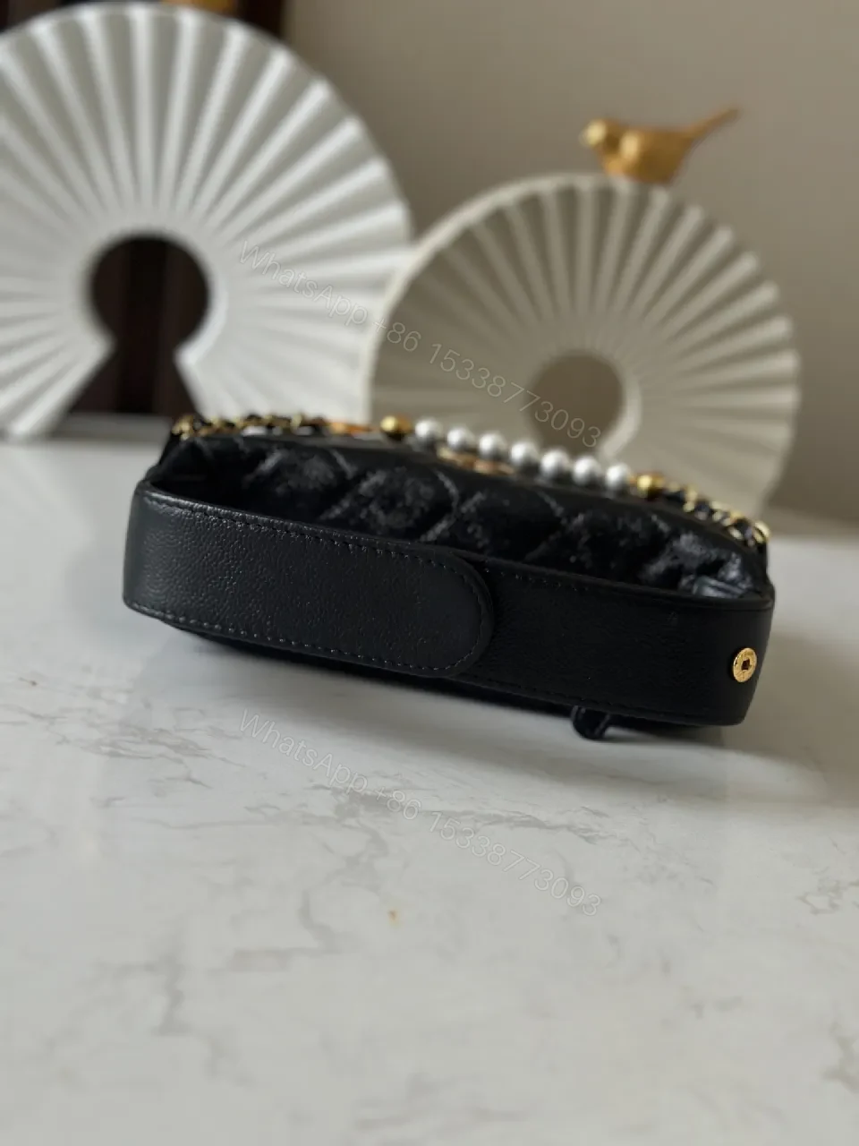 View 9 of Quilted Black Shoulder Bag with Pearl Chain Detail