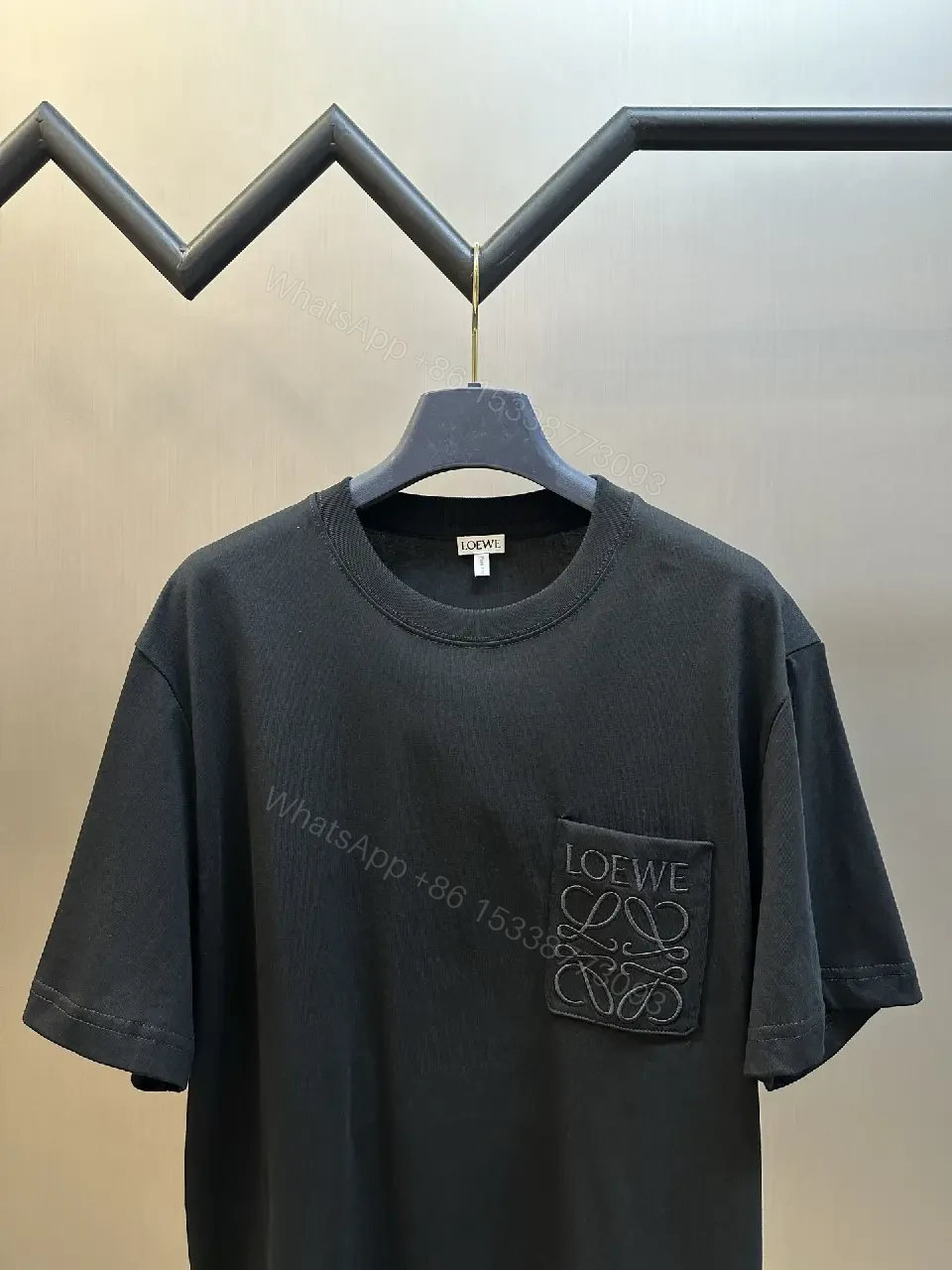 View 6 of Black Cotton T-Shirt Minimalist Logo Pocket Crew Neck Tee